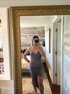 Mauve Grey Ruched Asymmetrical Wrap Cocktail Dress